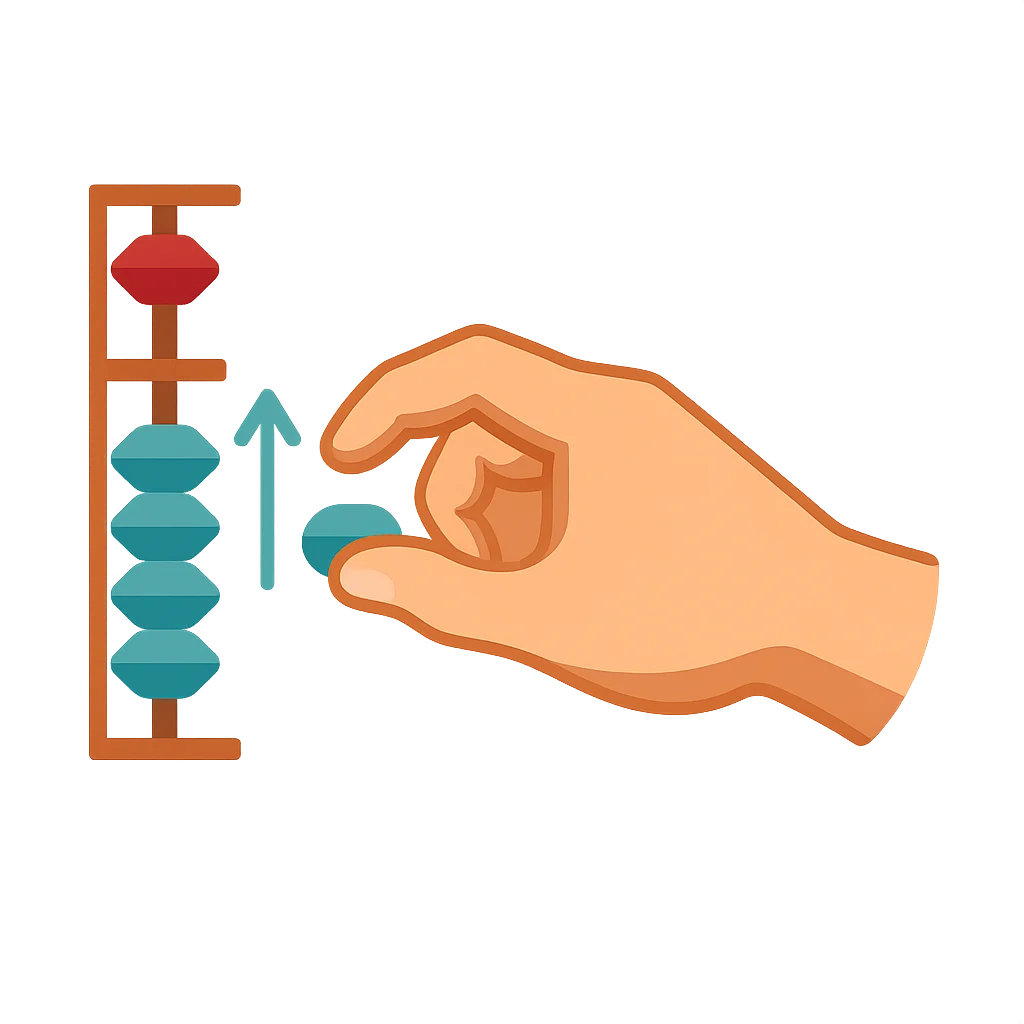 Soroban infographic: the thumb pushes earth beads up toward the beam