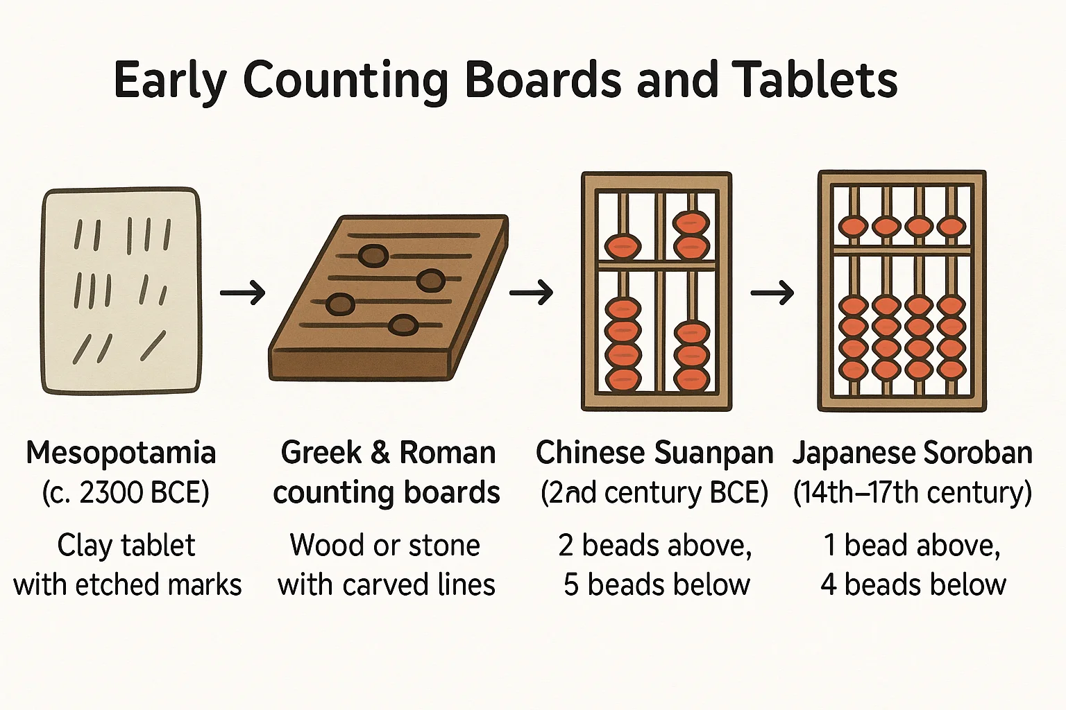 Timeline of counting tools: a Mesopotamian clay tablet, Greek and Roman counting boards, the Chinese Suanpan, and the Japanese Soroban